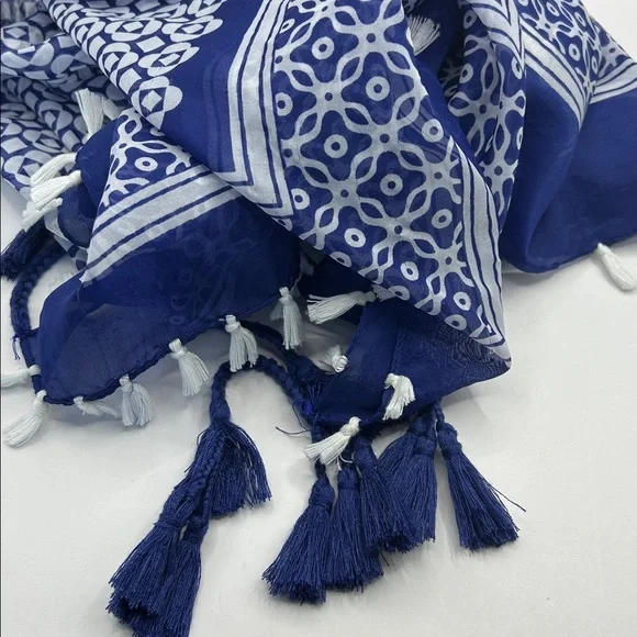 Chico's Blue and White Scarf with Tassels - Picture 6 of 6